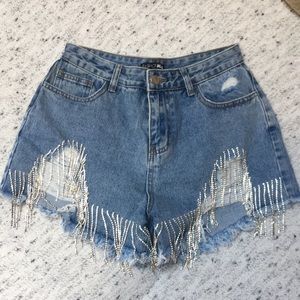 Rhinestone fringe denim shorts